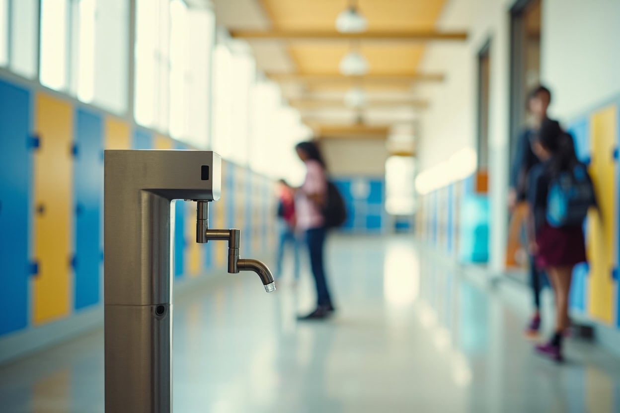 AWG in a school corridor: stainless drinking station beside lockers