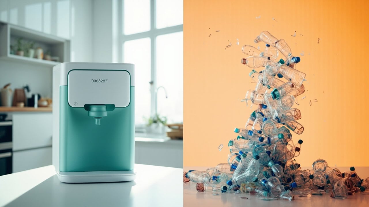 Atmospheric water generator versus plastic bottles: cost per litre and plastic waste compared
