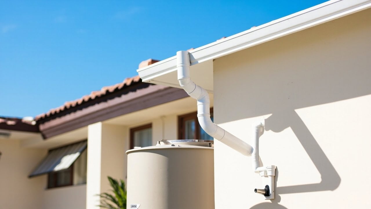 Rooftop rainwater harvesting system: PVC downspout, gutter, and slim storage tank beside a modern building