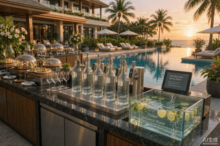 Chilled water dispensing station with glass bottles at a resort buffet