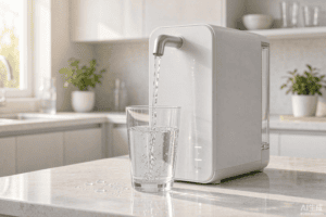 Clean drinking water poured from a modern water generator appliance