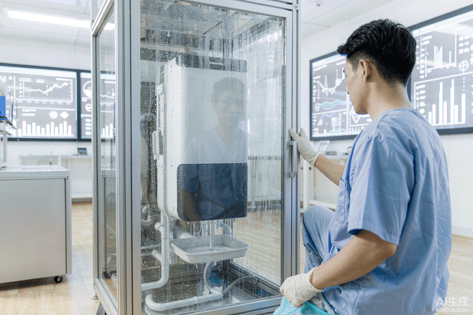 Engineer running a performance test on an AWG unit inside a climate chamber