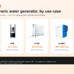 Zenius atmospheric water generators side by side with their capacity classes: A20 12-20 L/day for home and travel, A40 30-70 L/day for villas and small offices, A100 100-500 L/day for offices, A1000 1000-2000 L/day for hotels and schools, A5000 5000+ L/day for industry.