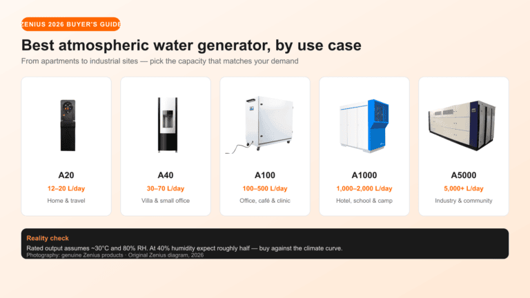 Zenius atmospheric water generators side by side with their capacity classes: A20 12-20 L/day for home and travel, A40 30-70 L/day for villas and small offices, A100 100-500 L/day for offices, A1000 1000-2000 L/day for hotels and schools, A5000 5000+ L/day for industry.
