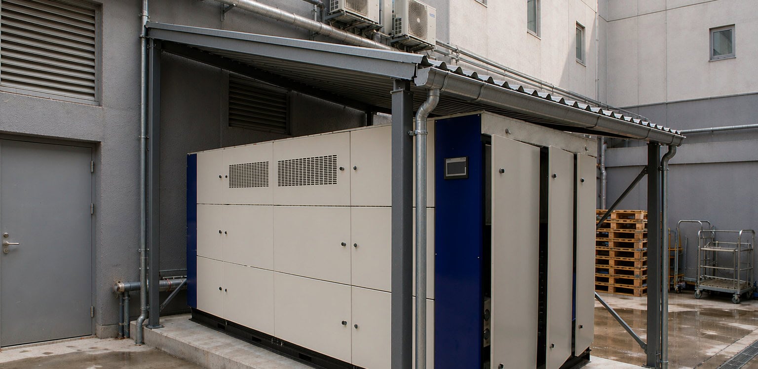 Industrieller atmosphärischer Wassergenerator ZENIUS A5000 unter einem Pultdach im Wirtschaftshof eines Hotels